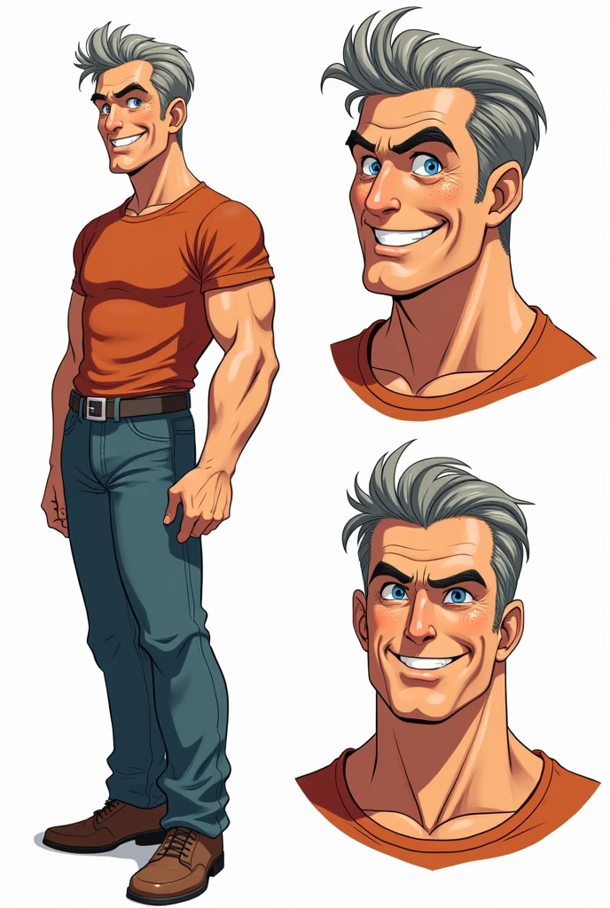 Character of a smiling adult male named John Smith. He has fair skin with a few freckles, short gray hair slicked back with hints of brown, and intense blue eyes with a watchful expression. His build is stocky and muscular. The style should mix 1980s comic book art with 1980s anime, Different angles, character sheet, white background --3:2 aspect ratio, different poses