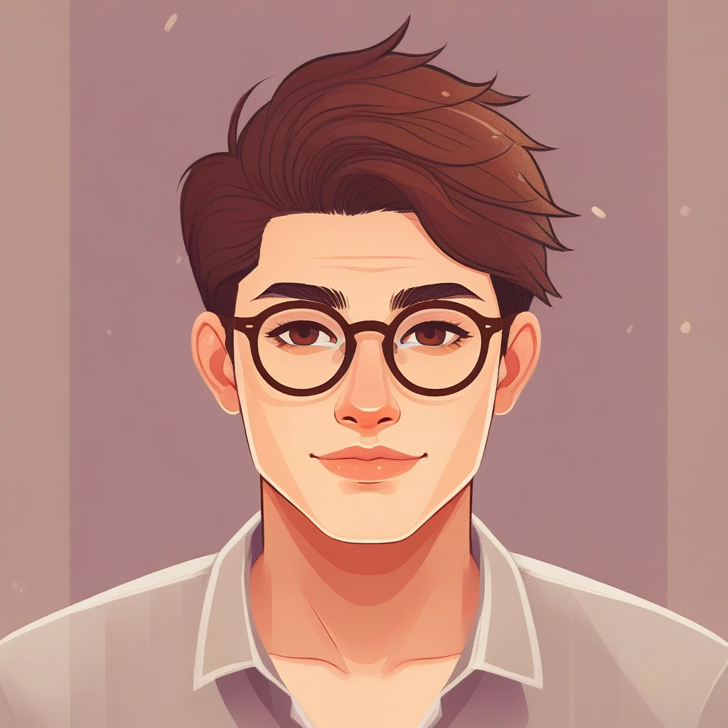 Create a portrait of a young man, cabelo curto com franja, brunette skin, rectangular spectacles.shorth hair, bangss, chestnut hair, adolescent.
