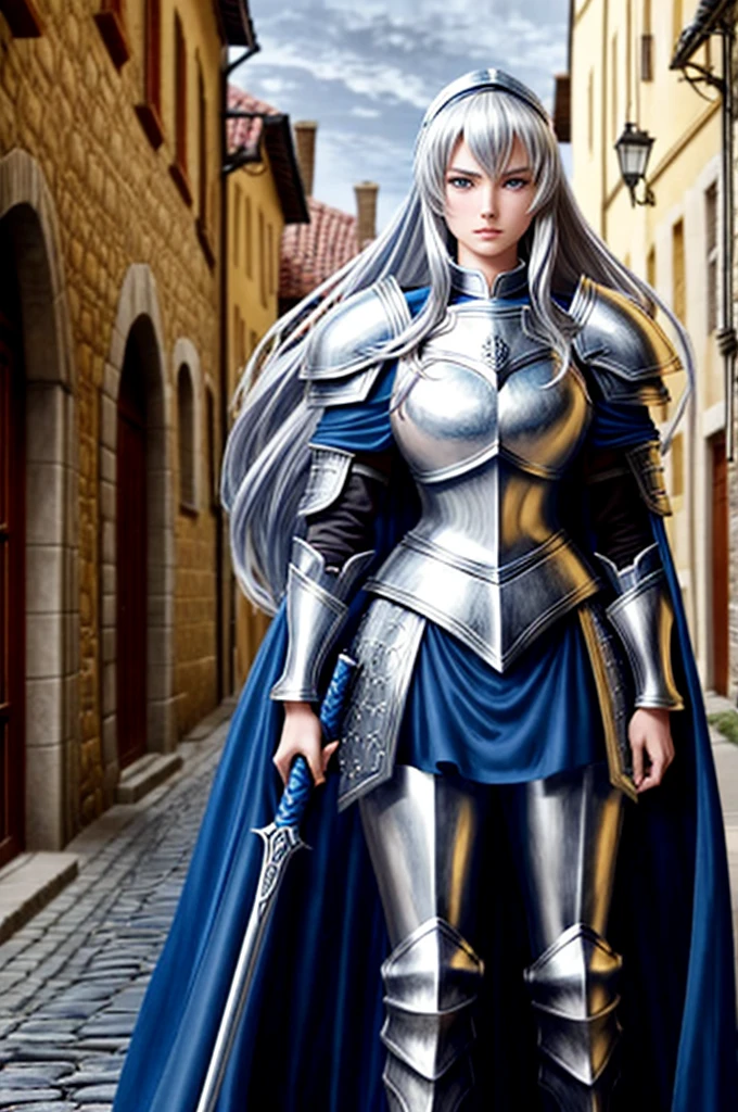Create an anime-style female knight standing confidently on a medieval cobblestone street. she has a lot of time, by the wavy red, piercing blue eyes, and is dressed in shining silver and black armor, which is intricately detailed. His armor includes a chest plate, gauntlets, and pork rinds, and wears a flowing black cape. She holds a glowing blue sword in her right hand., that emits a soft light. The background depicts a medieval city with tall buildings, narrow streets, and a soft light that filters through, adding a sense of depth and atmosphere to the scene. The character must exude strength and determination, with a slightly ethereal or heroic aura