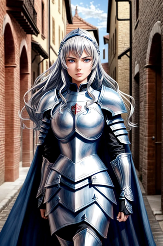 Create an anime-style female knight standing confidently on a medieval cobblestone street. she has a lot of time, by the wavy red, piercing blue eyes, and is dressed in shining silver and black armor, which is intricately detailed. His armor includes a chest plate, gauntlets, and pork rinds, and wears a flowing black cape. She holds a glowing blue sword in her right hand., that emits a soft light. The background depicts a medieval city with tall buildings, narrow streets, and a soft light that filters through, adding a sense of depth and atmosphere to the scene. The character must exude strength and determination, with a slightly ethereal or heroic aura