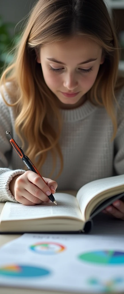 A STUDENT STUDYING WITH A BOOK AND BUSINESS GRAPHICS