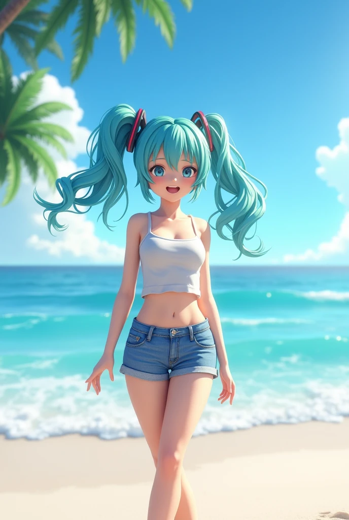 Hatsune miku happy standing on the beach wearing denim shorts and a crop top, full detail