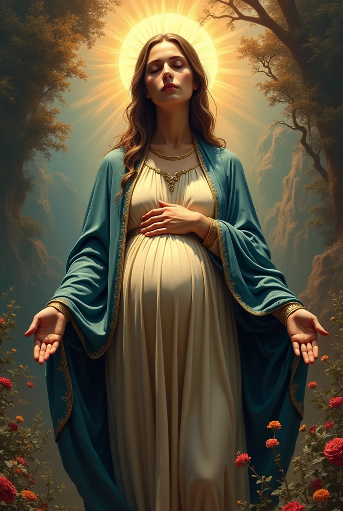 make an image of the virgin with her big belly covered by a dress Take a print of the following image and it is best to generate colorful, high-contrast, high-resolution images.