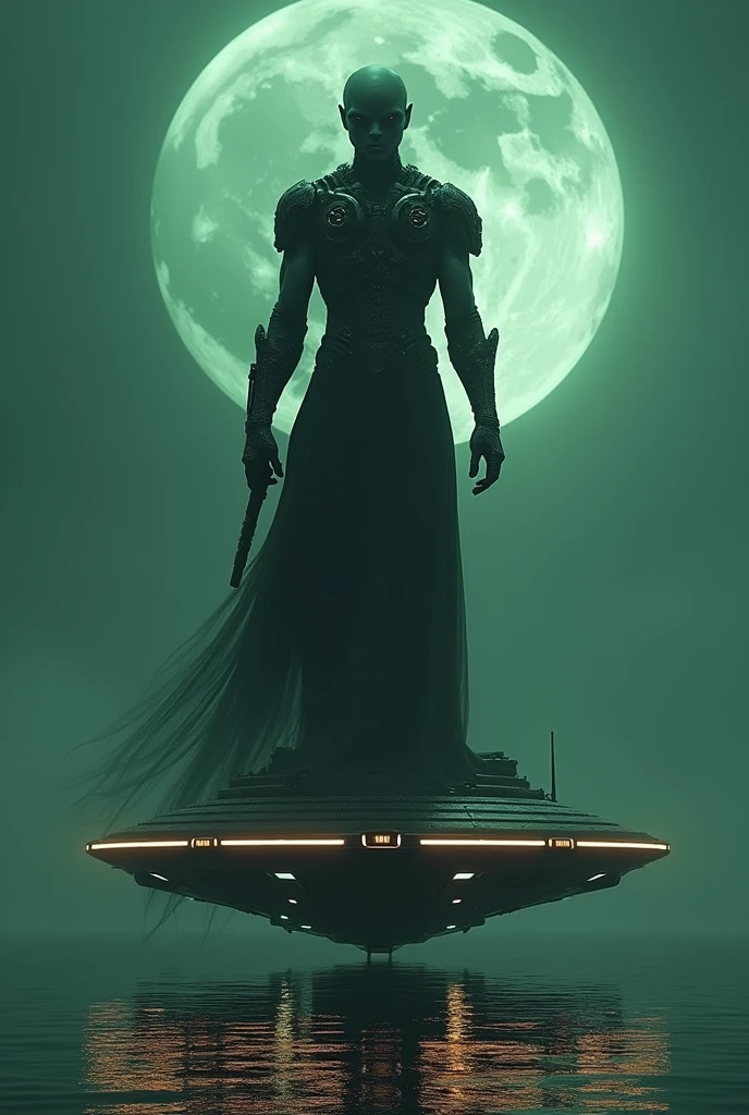 ((best quality)), ((masterpiece)), (detailed) alien human size, big eyes (black) bald and big head. standing on a UFO using futuristic equipment and armor in above sea water. (green night)