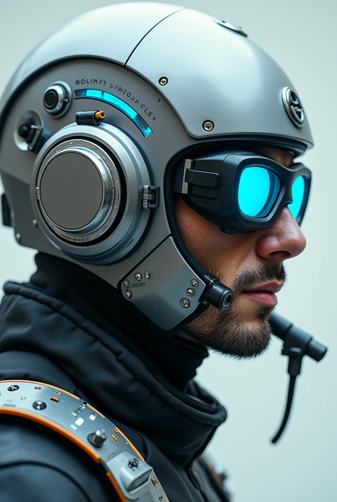1 man, silver motorcycle helmet, snorkeling mask, portrait close up. Silver two pipe tube from mouth to head. Future design.. high tech. Wear google safety eyes glowing blue. The tube connect from head to mouth. Future headphone design blue led light detail. Starlord helmet design concepts. Very detail . High tech costume. Marvel. shape on the helmet. small tube glowing tube. facemask.
