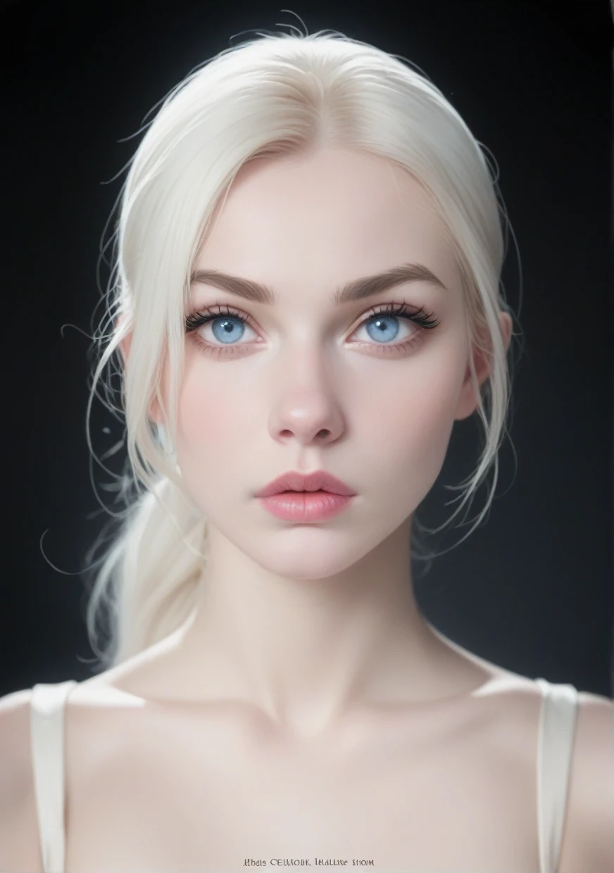 a young woman, pale skin and snow white hair, small, upturned nose, long black eyelashes that highlight her almond-shaped, light blue eyes, fluffy pink lips. Black tactical military outfit and hair tied in a ponytail, thin, slightly blonde eyebrows. Fine and cold features, calm and serene expression.