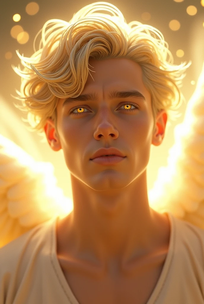 Short haired blond man in his thirties and shiny golden eyes as an angel, see the body