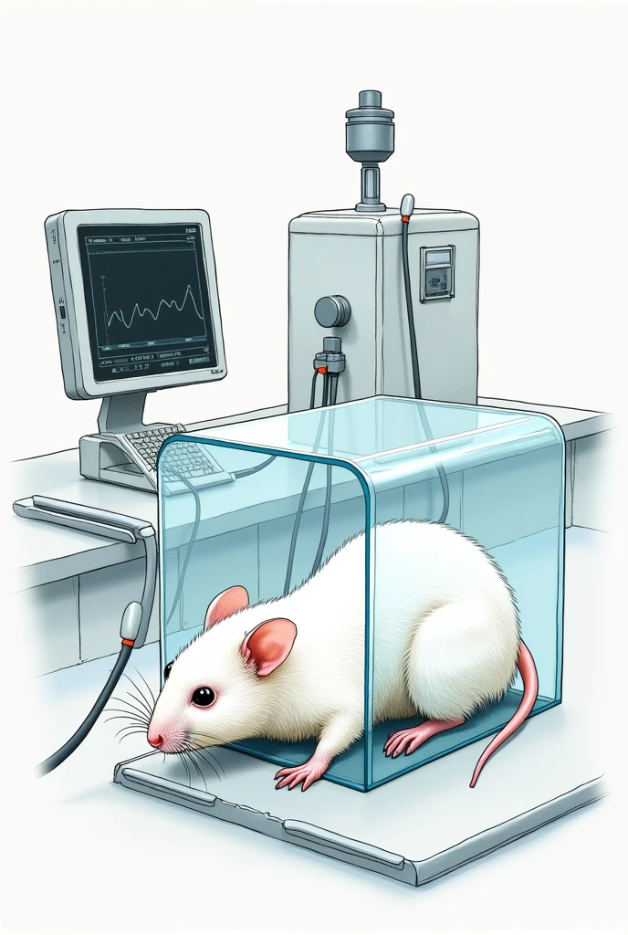 hand drawn drawing of a white mouse lying in a clear box having its blood pressure measured telemetrically with transducer wires attached to a black ribbon on its tail in a laboratory, showing the computer