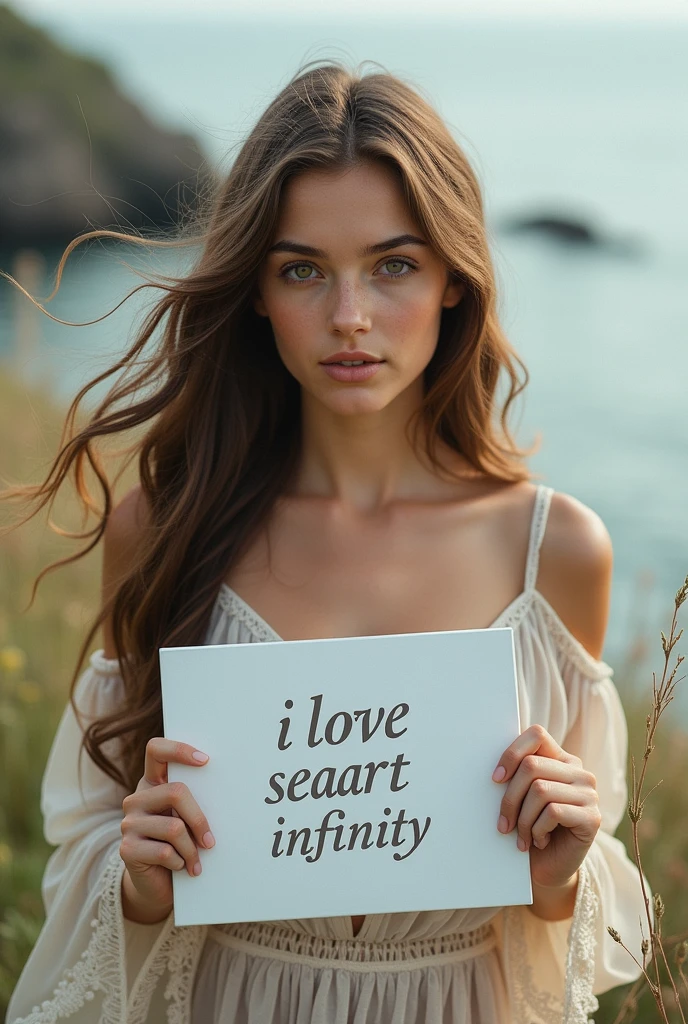 Beautiful girl with wavy long hair, bohemian dress, holding a white board with text "I Love Seaart Infinity" and showing it to the viewer