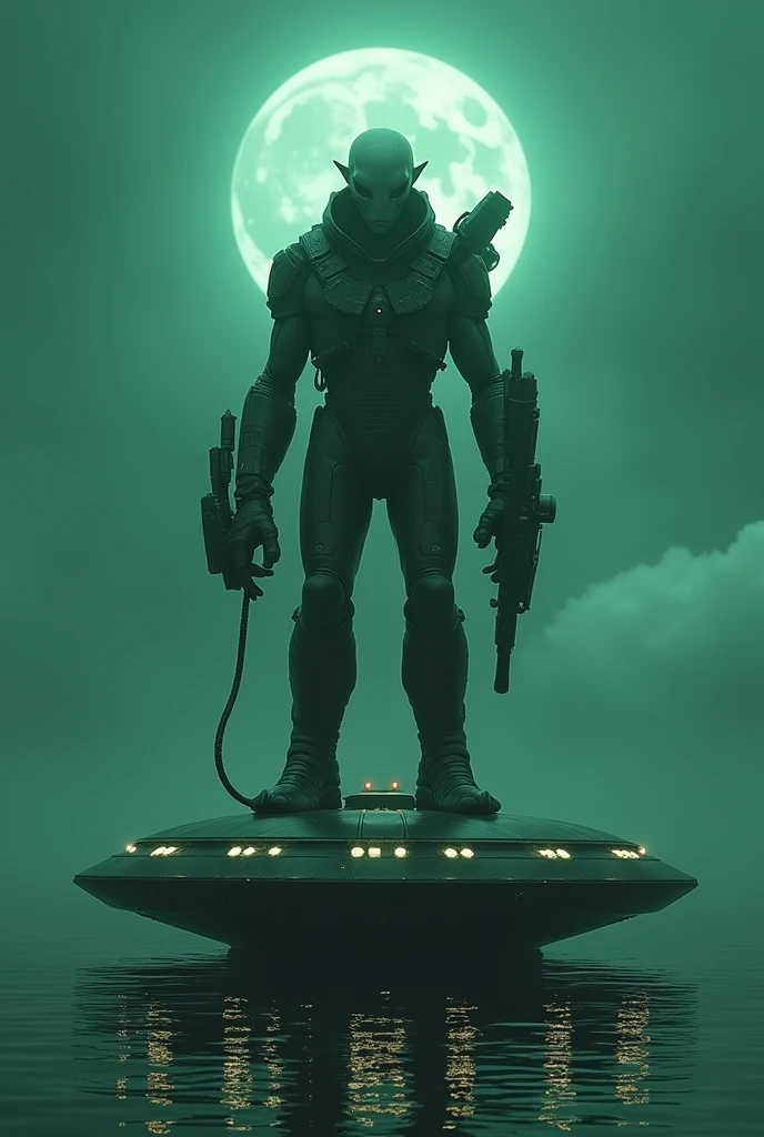 ((best quality)), ((masterpiece)), (detailed) alien human size, big eyes (black) bald and big head. standing on a UFO using futuristic equipment and armor in above sea water. (green night)