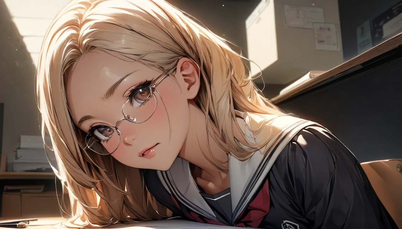 (highest quality:1.2, Very detailed, up to date, Vibrant, Ultra-high resolution, High Contrast, masterpiece:1.2, highest quality, Best aesthetics), Portraiture、wide angle:1.3, girl, 20-years-old, Bright colors、Beautiful fine details、Beautiful lip detail, long hair、brown eyes, ((slim body:1.4)), (small breast:0.7), (dark skin:0.5), glasses, ((school uniform:1)), studyind, sitting at the study desk, notebook and pencil, her room, embarrassed:1.8, lineart, clean line drawings, look at viewer, sepia color:1.5, solo:1.5,