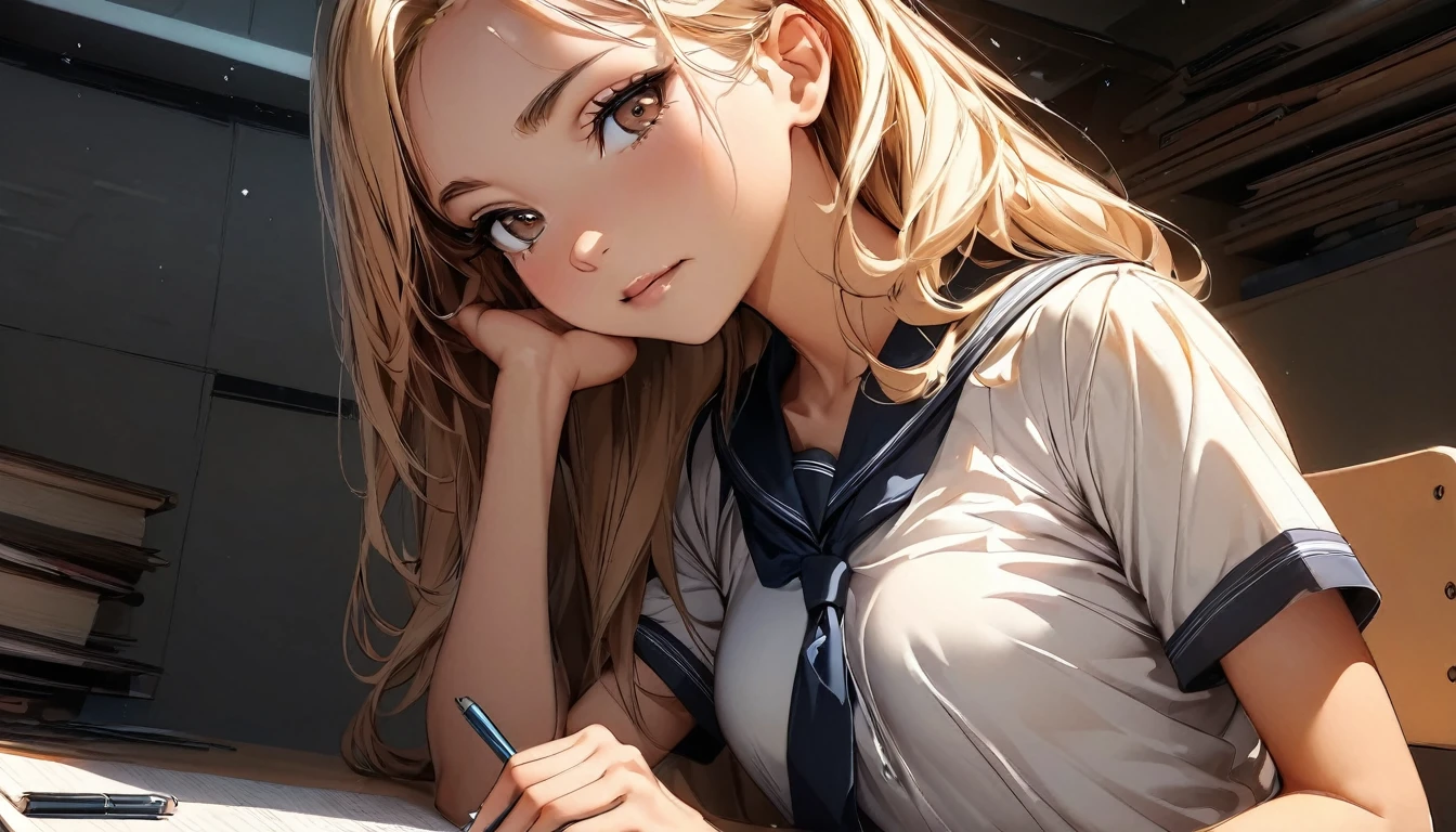 (highest quality:1.2, Very detailed, up to date, Vibrant, Ultra-high resolution, High Contrast, masterpiece:1.2, highest quality, Best aesthetics), Portraiture、wide angle:1.3, girl, 20-years-old, Bright colors、Beautiful fine details、Beautiful lip detail, long hair、brown eyes, ((slim body:1.4)), (small breast:0.7), (dark skin:0.5), glasses, ((school uniform:1)), studyind, sitting at the study desk, notebook and pencil, her room, embarrassed:1.8, lineart, clean line drawings, look at viewer, sepia color:1.5, solo:1.5,