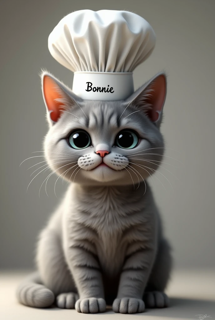 Make a gray cat that has a chef hat and a cap that has her name Bonnie 
