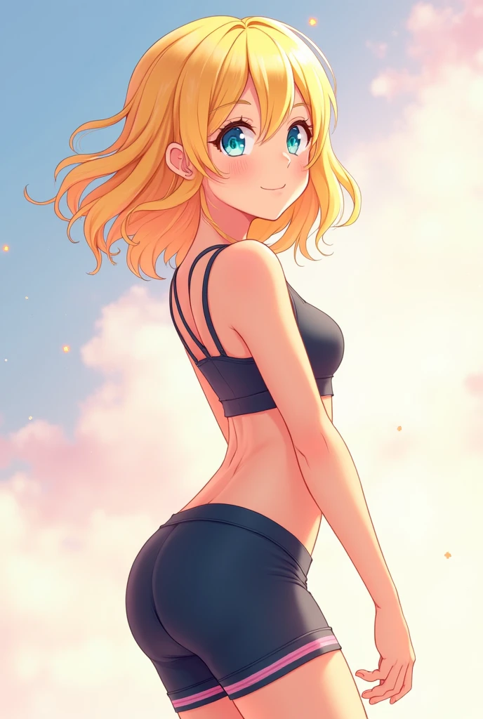  blonde anime style girl wearing bike shorts