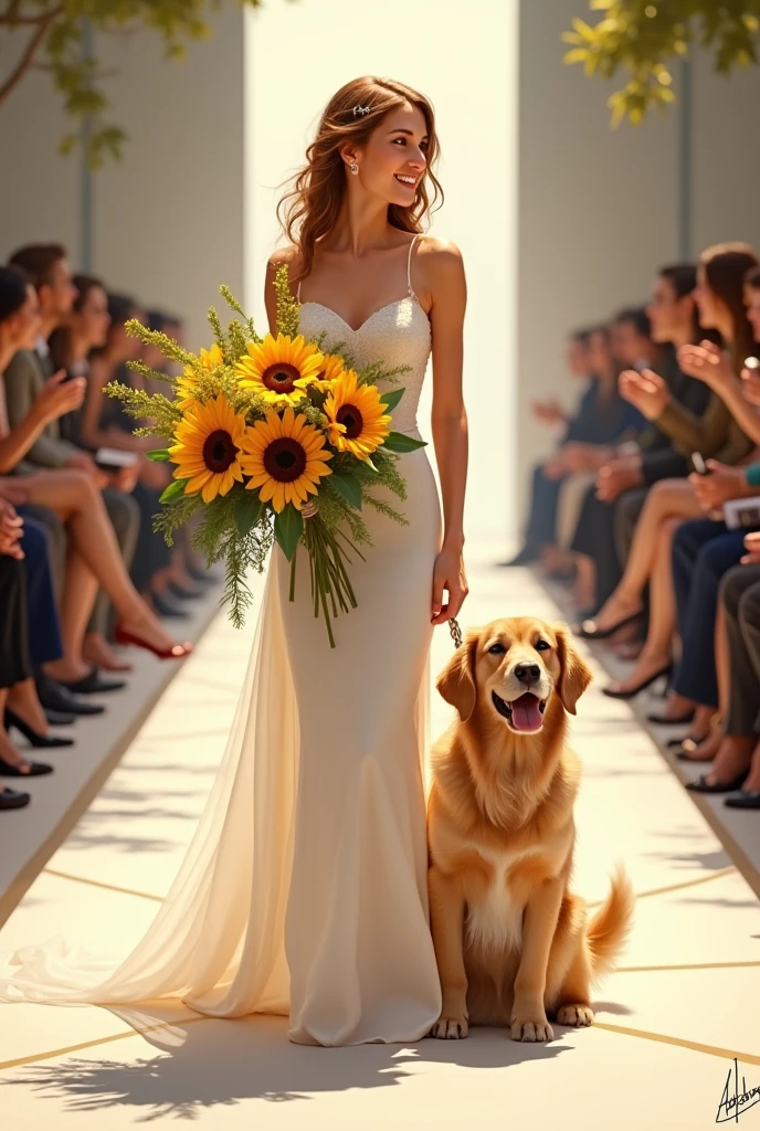 a  holding a bunch of sunflowers next to a dog, a picture, by Aurél Bernáth, on the runway, wedding, burberry, soft amazed smiles