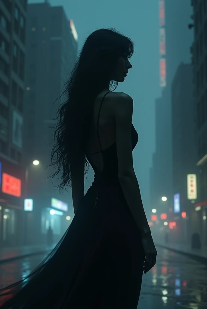 A black haired woman from behind in a misty night city