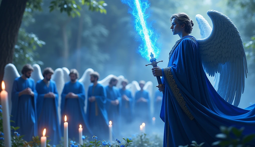 ultra realistic image in the right corner of the screen, of Archangel Michael with chic velvet tunic and blue cape, with his blue flame sword, many blue candles lit, blue kyanite crystals,, convey depth, in the background 13 male angels with blue capes and tunics in the garden