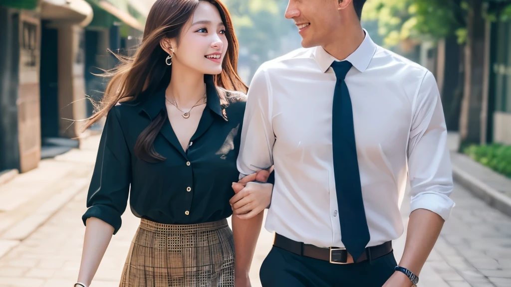 Highest quality、High resolution、8k wallpaper、Dense and beautiful eye-glue hair、(Beautiful breasts:1.3)、Natural color lip、Women、Brown Hair、smile、Semi-long hair、Hair tied up、Wearing a necklace and earrings、Shirt and tie、Checked mini skirt、Walking with a man、Couple、On the way home from school、Department Pa Underground