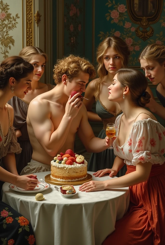 Eros eating a cake surrounded by several women who admire him