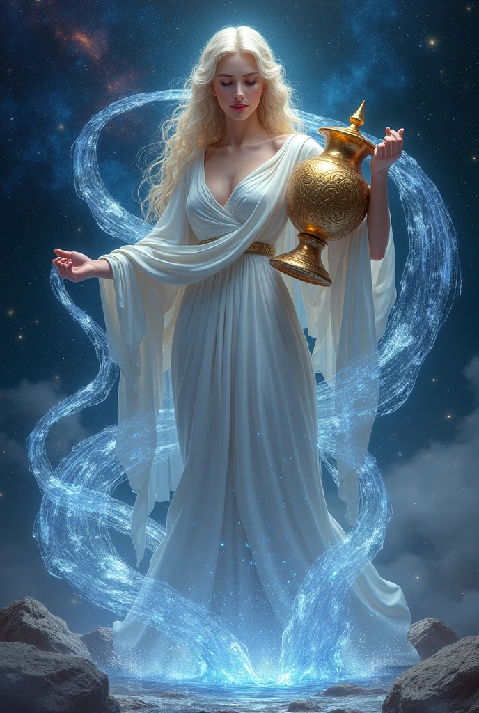 Aquarius, imagine a celestial figure in an ethereal setting. The character, symbolizing Aquarius, carries a golden or silver urn, from which flows crystal-clear water that turns into stars or nebulas as it falls. The setting is mystical, with shades of deep blue, purple, and silver, recalling the vast depths of the night sky. The background is filled with constellations and galaxies, as if Aquarius were an extension of the cosmos, floating among planets and stars. The Aquarius figure has a calm and wise expression, representing his humanitarian and dreamy nature. Around him, abstract patterns of wind and water intertwine, symbolizing the fluidity of his thought and his connection to the universe.