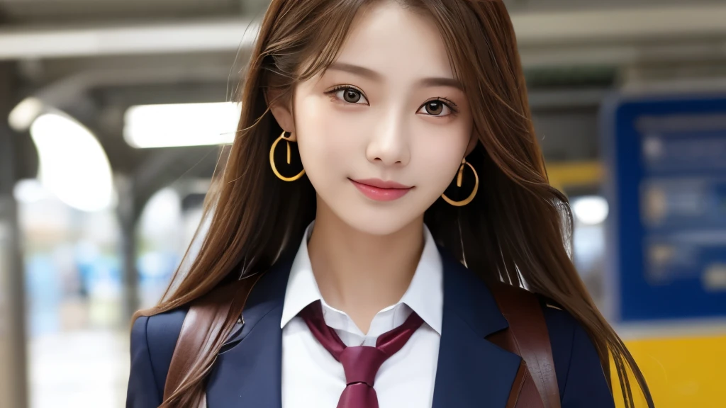 Highest quality、High resolution、8k wallpaper、Dense and beautiful eye-glue hair、(Beautiful breasts:1.3)、Natural color lip、Women、Brown Hair、smile、Semi-long hair、Hair tied up、Wearing a necklace and earrings、Shirt and tie、Checked mini skirt、On the way home from school、Subway platform、