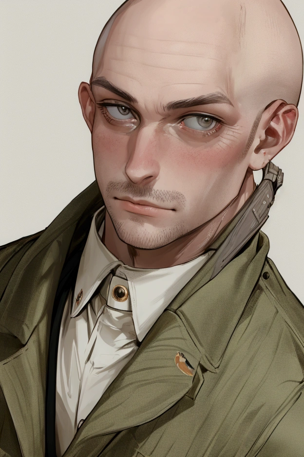 create a 30 year old bald man in military clothing