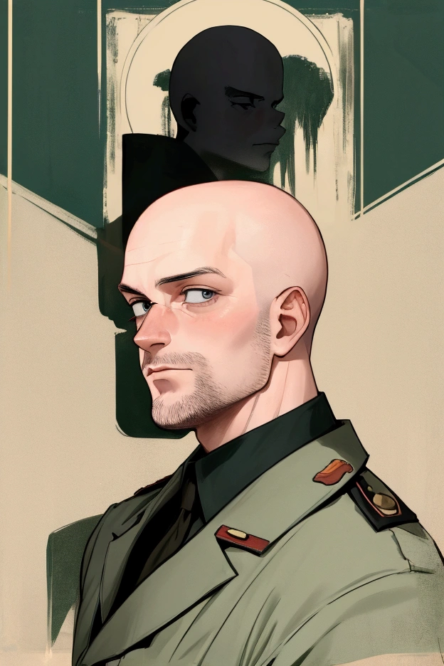 create a 30 year old bald man in military clothing