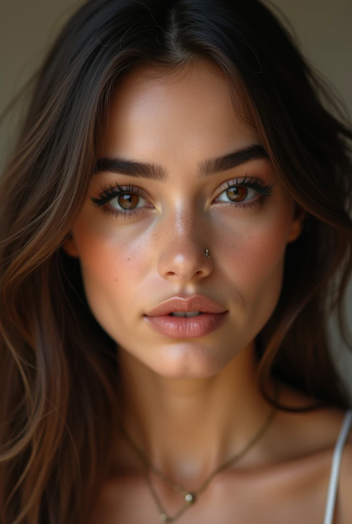 (photorealism:1.2), beautiful arabic woman, young 22-years-old, high cheekbones, straight brown hair, long eyelashes, heart-shaped face, black Childish/round asian eyes, invitive gaze, full lips, small nose, straigth eyebrows, studio lighting.
