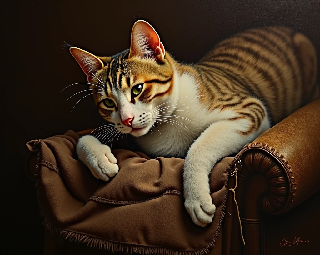 one with a cat, style artwork made in oil. hyper realistic oil painting