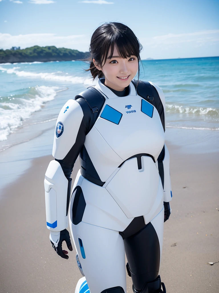 Japanese female android,Black Hair,White and blue robot suit,Plump,Walking along the beach in summer,Close-up,smile,