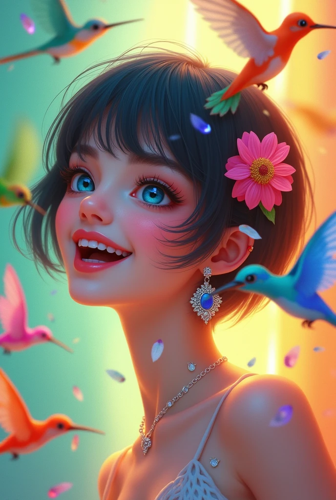 Hummingbird in green, Blue, orange and pink and Princess flower earringhigh resolution, shorth hair, bangss, 独奏, laughter, blue colored eyes, high resolution, HD Model, high qualiy, best qualityer, longye hair, bangss, lateral view, jewel,