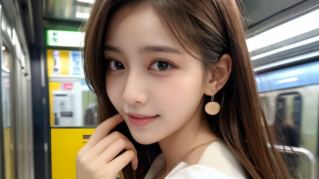 Highest quality、High resolution、8k wallpaper、Dense and beautiful eye-glue hair、(Beautiful breasts:1.3)、Natural color lip、Women、Brown Hair、smile、Semi-long hair、Hair tied up、Wearing a necklace and earrings、Shirt and tie、Checked mini skirt、On the way home from school、Subway platform、