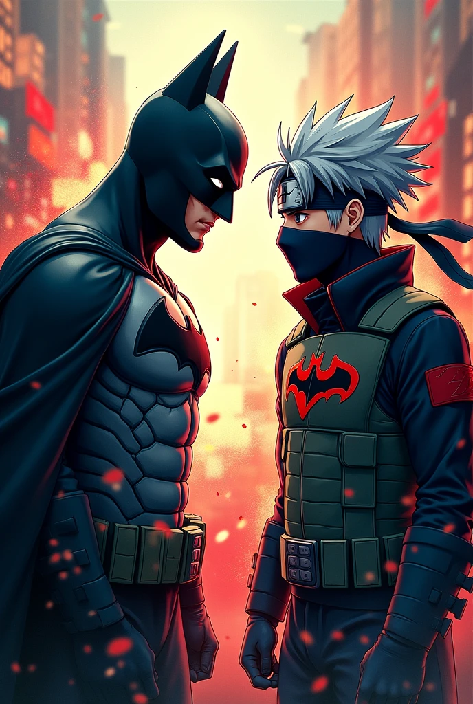 Kakashi olhando para o Batman em confrontamento, close-up, anime, anime style, motion blur, Action painting, Pop art, UHD, high details