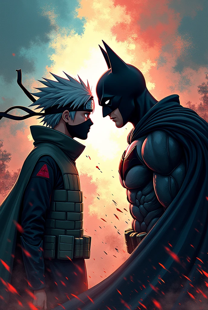Kakashi olhando para o Batman em confrontamento, close-up, anime, anime style, motion blur, Action painting, Pop art, UHD, high details