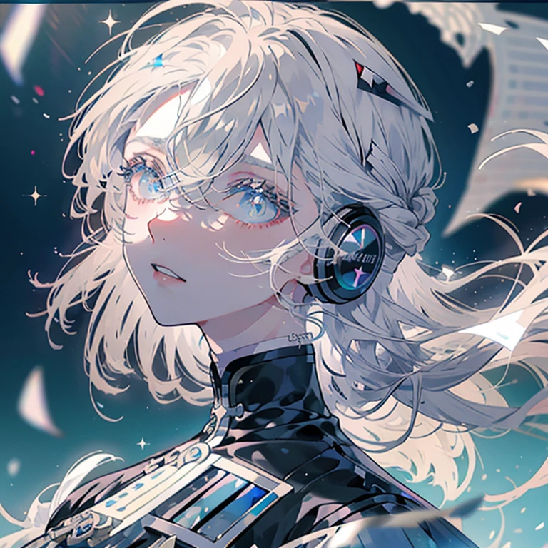 Wearing headphones,White Hair,blue eyes,Bangs between the eyes, Gray Hair, Gradient color hairstyle, Diagonal bangs, Hair that falls over the shoulders, Ahoge, High resolution, masterpiece, Highest quality, Bright Eyes, Sparkling eyes, Gradient colored eyes, Glowing Eyes, Gradient eyes, Sparkling eyes, Beautiful woman,Sparkle Effect, temple