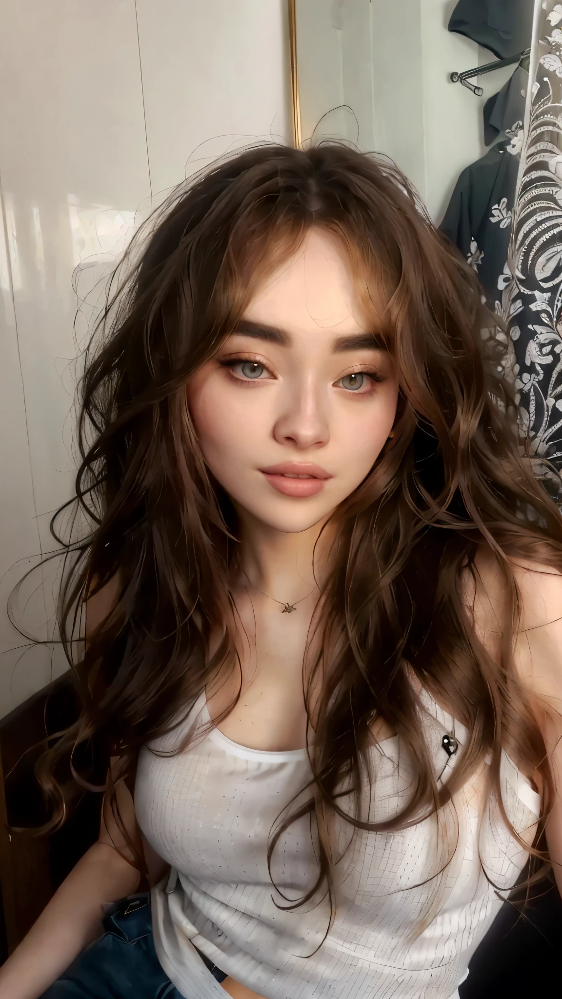 a close up of a woman with long hair wearing a white tank top, gorgeous, beautiful woman, beautiful woman, curly middle part haircut, ulzzang, beautiful, girl with long hair, wavy hair spread out, gorgeous, by Sabrina Carpenter, Sabrina Carpenter, High resolution, high Quality, 4K, Details 