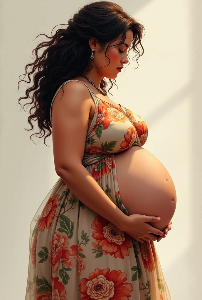 Plump Pregnant greek woman, curly hair, floral dress, huge pregnant belly, big cleavage, huge butt, curvy butt, fat butt, fluffy butt, round hips, fat hips, side view, full body view
