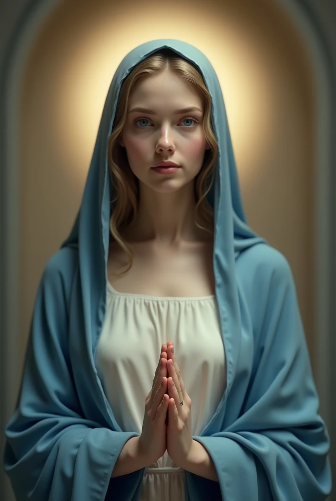portrait of Mary mother of God, Mary, Virgin Mary, Holy Mother, Mother of Jesus, Our Lady, Our Lady of Graces, woman with blue cloak, slight smile on her face, open arms, white silk tunic, silk fabric, girl white, young, blue veil covering hair, clear facial features, cinematic, photo shoot, shot with 25 mm lens, depth of field, tilt blur, shutter speed 1/1000, f/22, white balance, 32k , Super Resolution, Pro Photo RGB, Half Backlight, Backlight, Dramatic Lighting, Incandescent, Soft Lighting, Volumetric, Conte-Jour, Global Illumination, Screen Space Global Illumination, Dispersion, shadows, rough, flicker, reflections lumen, spatial screen reflections, diffraction gradation, chromatic aberration, GB shift, scan lines, ambient occlusion, anti-aliasing, FKAA, TXAA, RTX, SSAO, OpenGL-Shaders, post-processing, post-production, shadow cells, tone mapping, CGI, VFX, SFX, incredibly detailed and intricate, hyper maximalist, elegant, dynamic pose, photography, volumetric, ultra-detailed, intricate details, super detailed, ambient -- uplight --v 4 --q 2