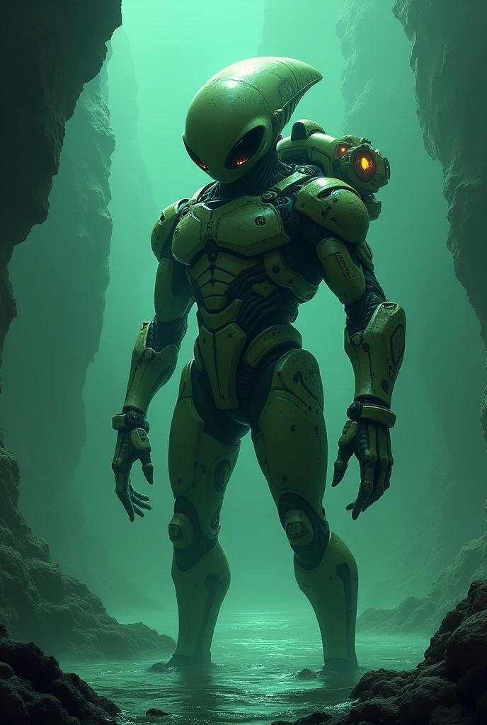 ((best quality)), ((masterpiece)), (detailed) alien human size, big eyes (black) bald and big head. stay silent a UFO using futuristic equipment and armor in above sea water. (green night)