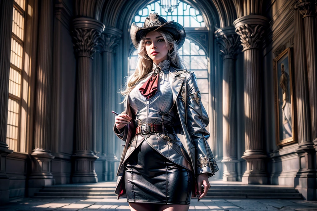 masterpiece,best quality, masterpiece, high detail,detailed face,detailed eyes,rendered eyes,perfect eyes,hip lines,crisp image,detailed,amazing,8k,8k wallpaper,8k background,high detailed skin,high res, (((cowboy shot))), solo, 1girl,looking at viewer,WillowSchnee, . Her attire consists of a white cravat secured by a silver brooch set with a red stone, as well as a light mauve jacket with light sleeves, a wide belt around her waist, a matching pencil skirt with black tights and slippers. serious expression, outside stately mansion, sunny afternoon, sculpture at center of hedge maze, holding wine glass, night, stars, servants and security detail standing by, (volumetric lighting), sharp focus, hyper detailed