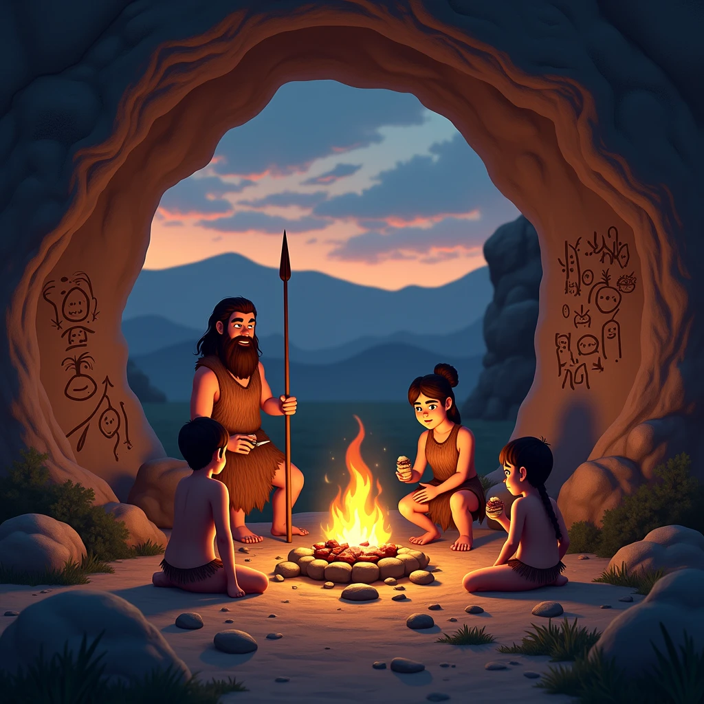 A Stone Age family, dressed in animal loincloths, sits around a crackling campfire in front of a cave. The family includes a father holding a spear, a mother cooking meat over the fire, and two children playing with stones. The scene is set at dusk, with the warm glow of the fire illuminating their faces and the cave walls adorned with primitive drawings. The surrounding landscape features rugged terrain, scattered rocks, and distant mountains under a twilight sky.”