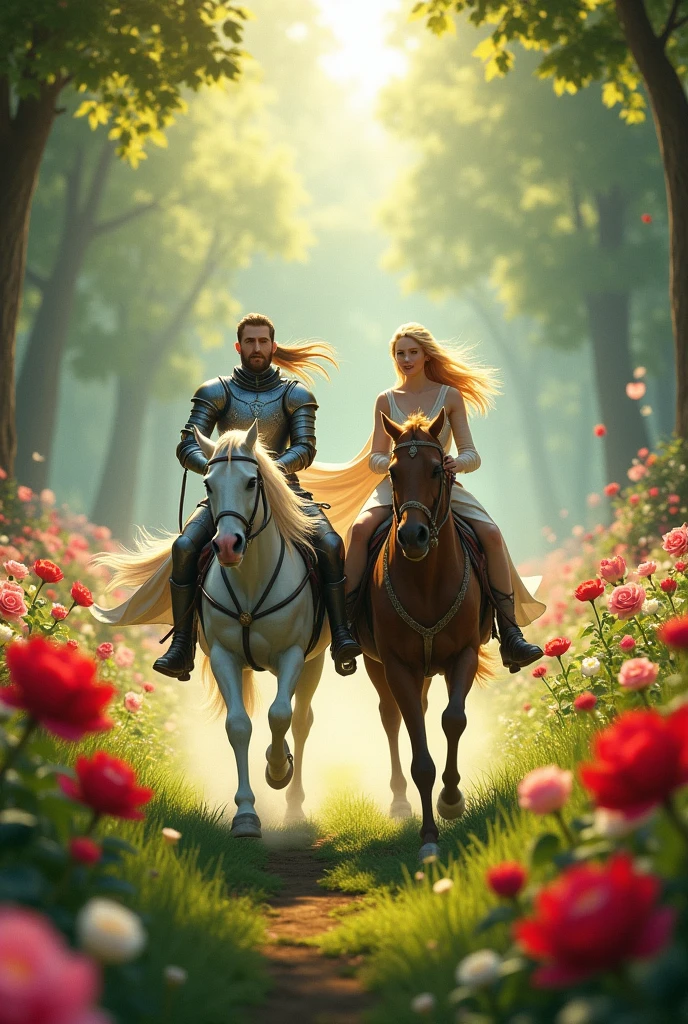 A princess with a blond hair and a simple yet beautifull dress and a handsome knight with brown hair and bkue eyes racing horses in the big and beutifull forest with lots of red,pink and white roses and tulils near a river 
