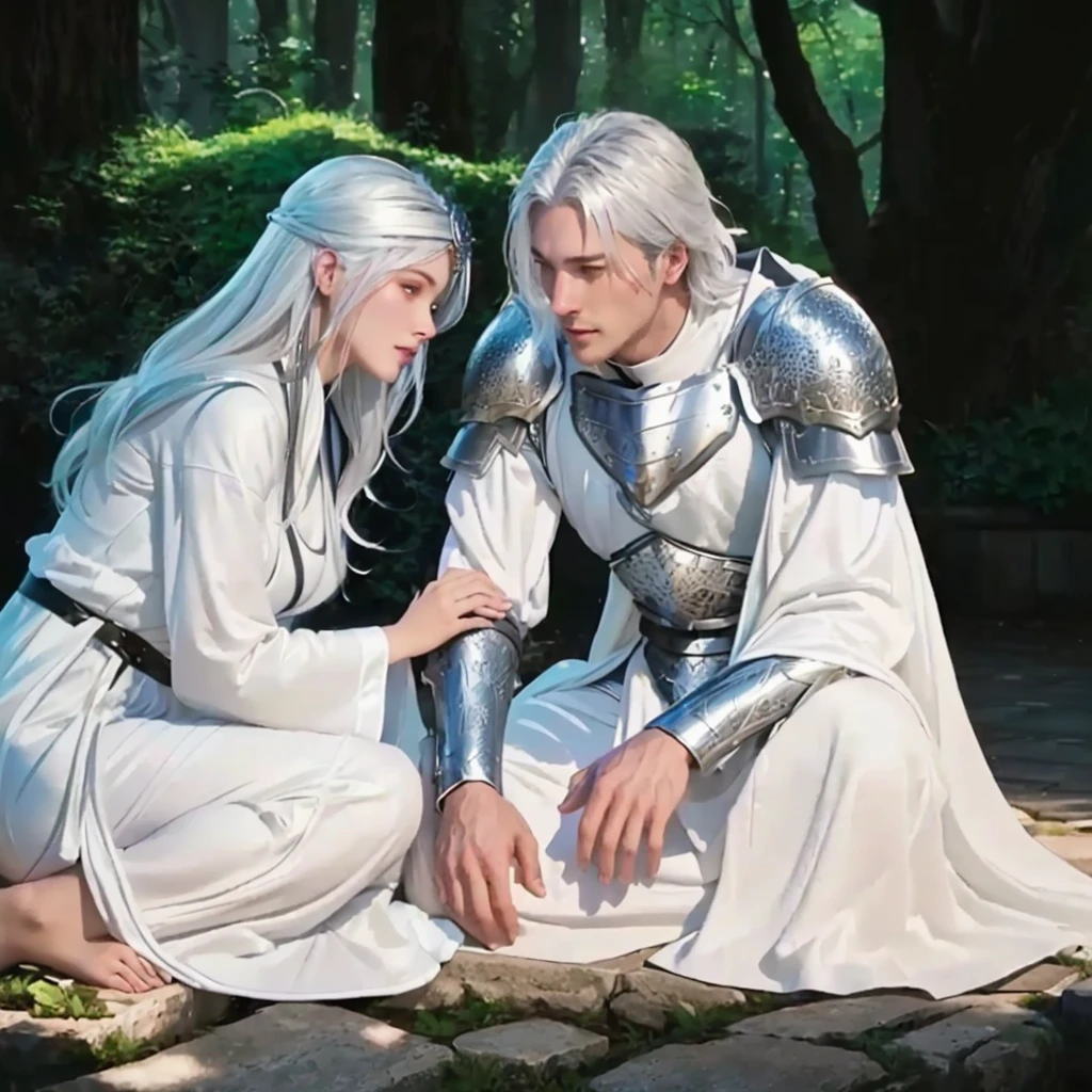 A man and a women dressed in white sitting on a bench, garden, grove asya yoranova and alan lee, magali villeneuve', edmund blair and charlie bowater, charlie bowater and artgeem, knight and princess, charlie bowater and tom bagshaw, darius zawadzki and tom bagshaw, flowing white robes, by Magali Villeneuve