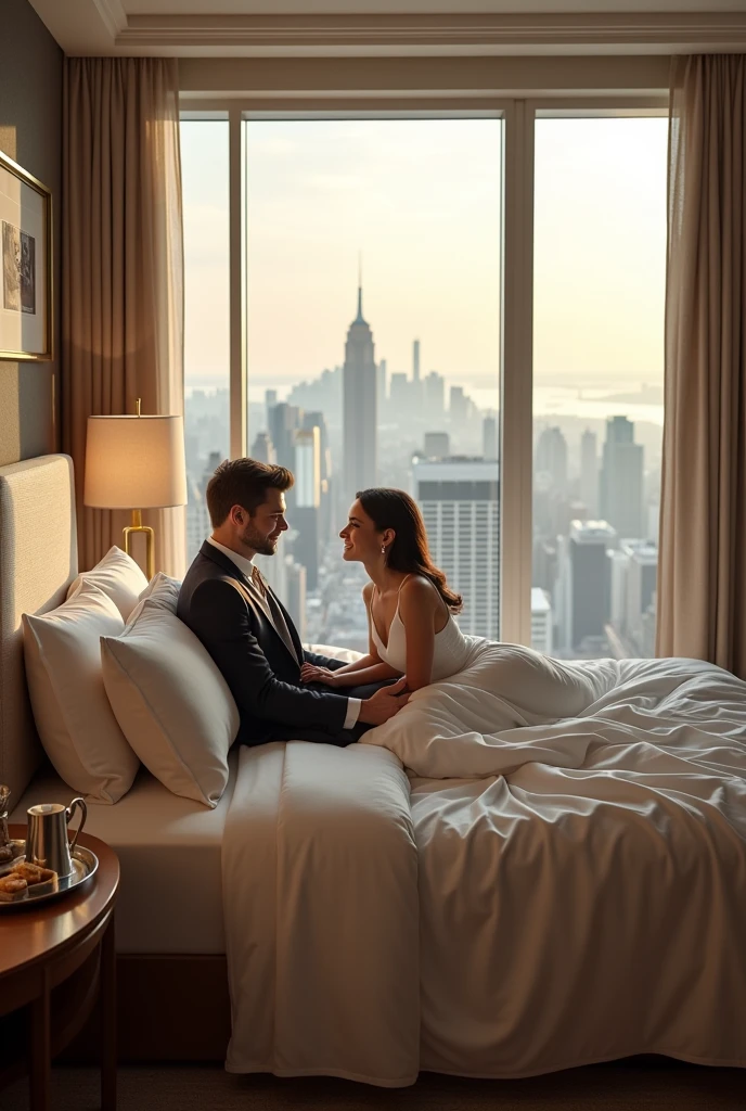 A bed scene of a man and woman spending the morning in a luxury hotel