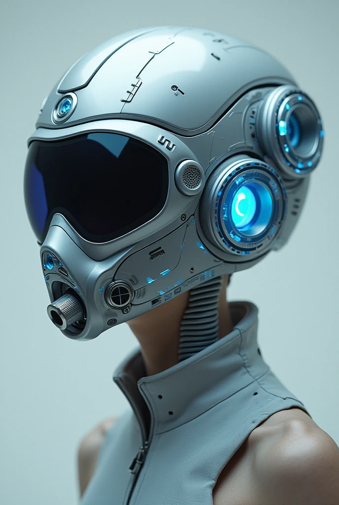 1 man, silver motorcycle helmet, snorkeling mask, portrait close up. Silver two pipe tube from mouth to head. Future design.. high tech. Wear google safety eyes glowing blue. The tube connect from head to mouth. Future headphone design blue led light detail. Starlord helmet design concepts. Very detail . High tech costume. Marvel. shape on the helmet. small tube glowing tube. facemask. cover nose. cover mouth.