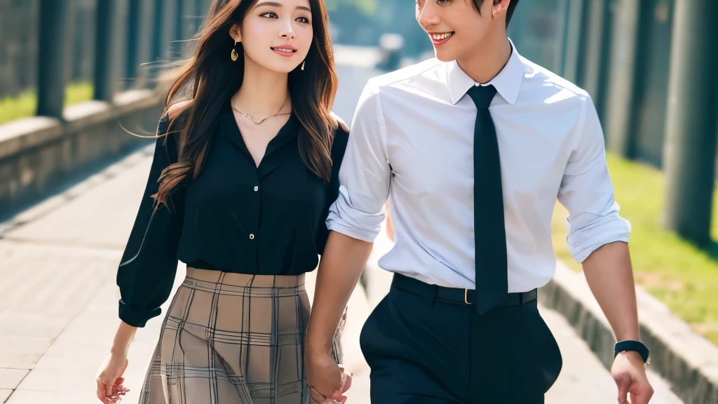 Highest quality、High resolution、8k wallpaper、Dense and beautiful eye-glue hair、(Beautiful breasts:1.3)、Natural color lip、Women、Brown Hair、smile、Semi-long hair、Hair tied up、Wearing a necklace and earrings、Shirt and tie、Checked mini skirt、Walking with a man、Couple、On the way home from school、Department Pa Underground