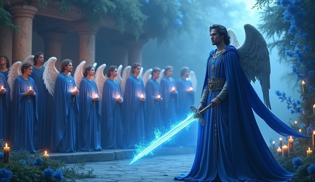 ultra realistic image in the right corner of the screen, of Archangel Michael with chic velvet tunic and blue cape, with his blue flame sword, many blue candles lit, blue kyanite crystals,, convey depth, in the background 13 male angels with blue capes and tunics in the garden