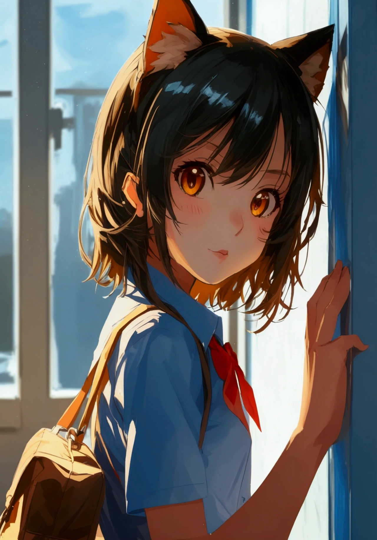 High Quality, Default Anime Style, Detailed, 1 Catgirl, , Lolicon, masturbate using fingers, dressing mid school uniform with blue style, school background, she hide behind school near of the wall.