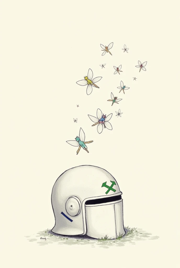 helmet with arrow crossed horizontally and small fairies flying above the helmet, simple drawing