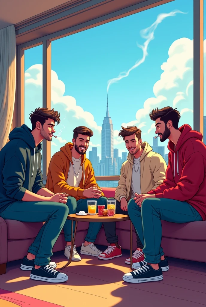 Make for me an animation picture of 4 men wearing cool street wear, in an nice apartment by the window smoking and laughing